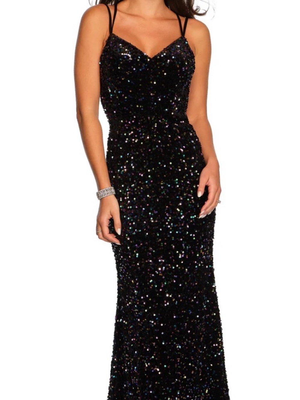 Dave & Johnny Black Sequin V-Neck Spaghetti Strap Gown